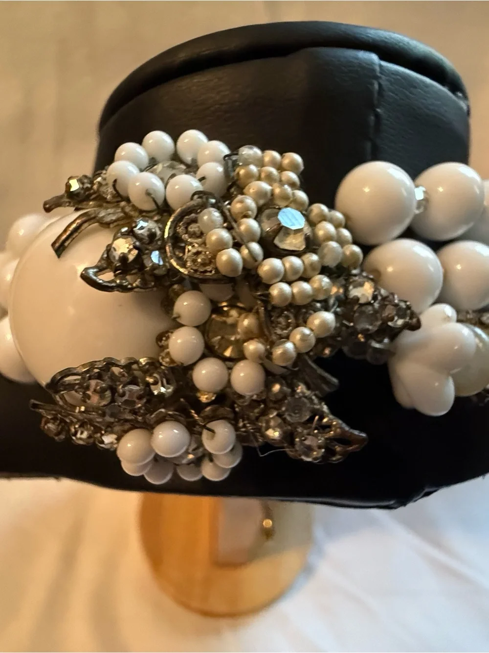 Miriam Haskell White Beaded Multi-Strand Necklace with Rhinestone Spacers